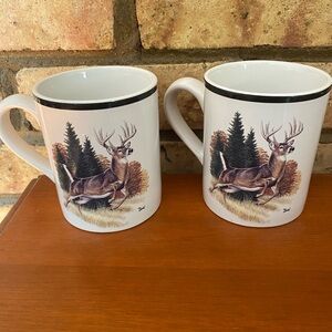 Set of Two White Bass Pro Shops Al Agnew‎ Whitetail Deer Painted Mug Hunting